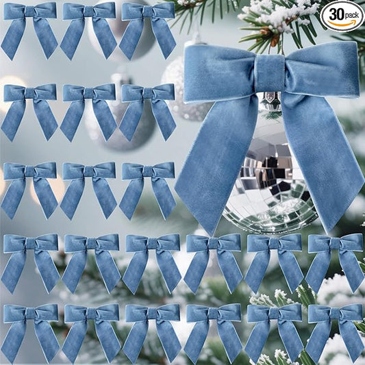 30 Pcs Velvet Ribbon Bows 5" x 4" Pre Tied Christmas Velvet Bows with Twist Tie for Gift Packaging Christmas Tree Wreaths Door Windows Wedding Party Decoration(Dusty Blue)