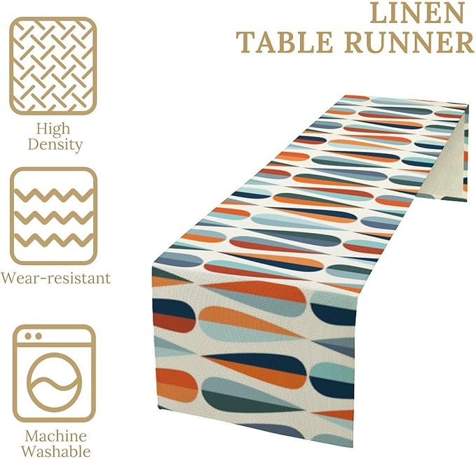 Mid Century Modern Table Runner Retro Blue Orange Grey Water Droplets Geometric Table Runner for Kitchen Dining Room Dining Table Decoration 13x36in