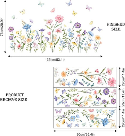 Flower Wall Decals Watercolor Wildflower Grass Butterflies Wall Stickers Peel and Stick Wall Art Decor for Girls Bedroom Living Room Home Office Wall Decor