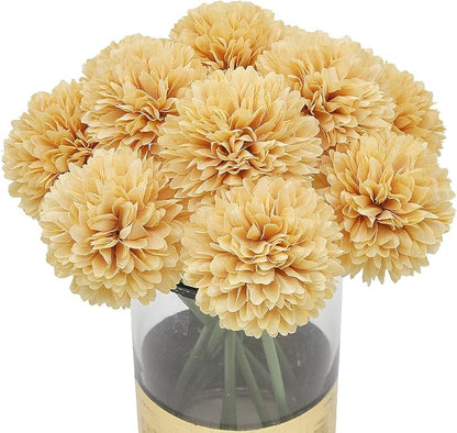 10Pcs Artificial Fake Flower Plants Silk Chrysanthemum Ball Hydrangea Arrangements Wedding Bouquets Decor Home Kitchen Garden Party Table Floral Centerpieces DIY (Beige)