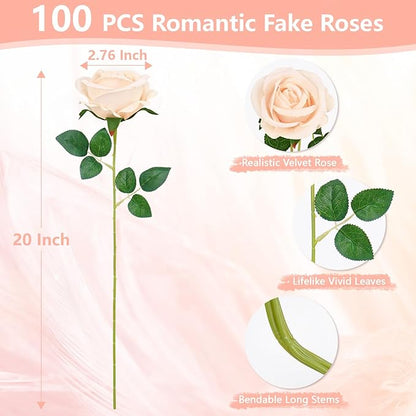BLEUM CADE 100 Pcs Champagne Roses Artificial Flowers, Real Touch Velvet Roses Fake Flowers Bulk, Artificial Roses Bouquet with Long Stems Bridal DIY Wedding Party Centerpiece Decorations