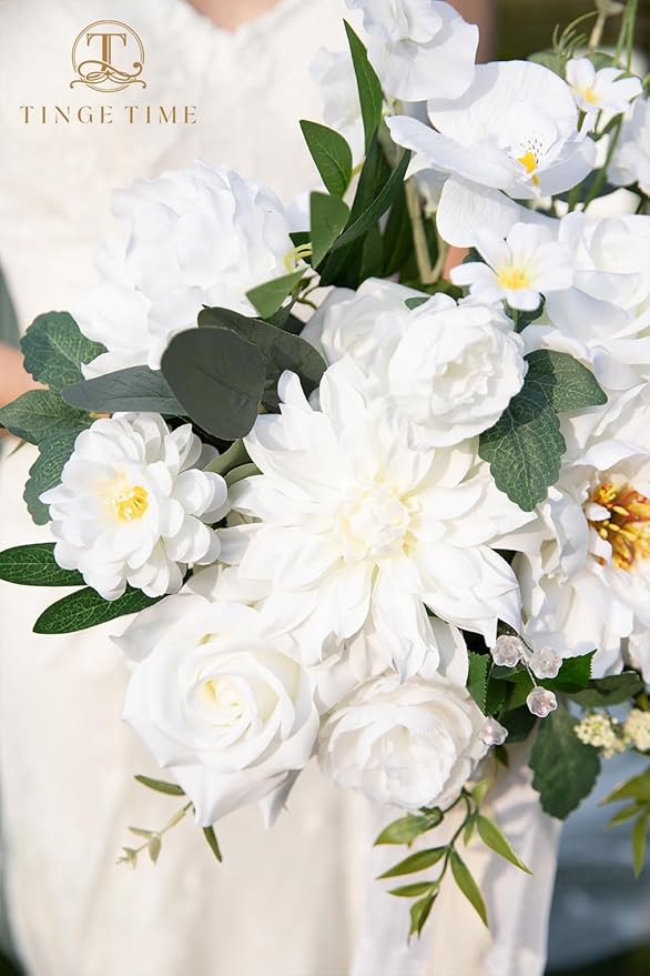 TINGE TIME 13 Inch Wedding Bouquets for Bride,Bridal Bouquet for Bride, Artificial Silk Flowers for Wedding Ceremony and Anniversary (IvoryWhite)