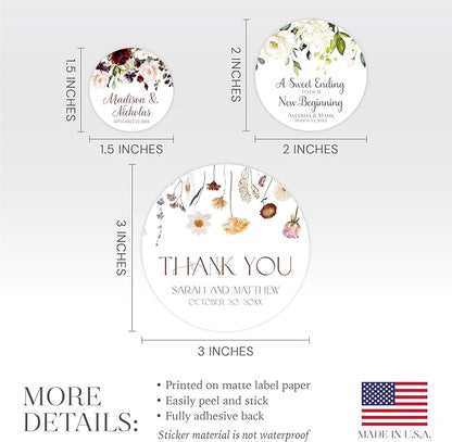 Personalized Floral Wedding Stickers with Your Choice of 30 Flower Styles - Choose Font and One of Five Pre-made Phrases or Add Custom Text (016 - Pink and White Flowers)