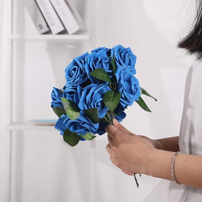 Artificial Flowers Roses 25pcs Blue Roses Wedding Decoration Real Looking Fake Roses w/Stem for DIY Wedding Bouquets Centerpieces Arrangements Party Baby Showers Home Decorations (Royal Blue, 25 pcs)