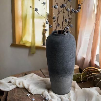 15 Inch Rustic Ceramic Vase, Black Flower Vase for Centerpieces, Farmhouse Decor for Living Room, Entryway & Kitchen, Vintage Pottery Vase for Wedding Gifts