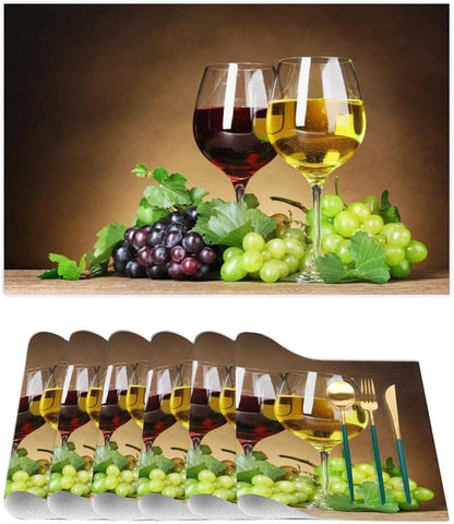 PVC Placemats Set of 4 Grape Red Wine Glass Wipeable Table Mats Washable Heat Resistant Non Slip Vinyl Dining Table Mat for Kithen Indoor Outdoor Patio Farmhouse Place Mats Decorative