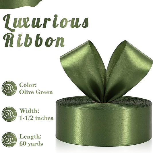 Olive Green Ribbon 1-1/2 Inch, 60 Yards Dark Green Satin Ribbon for Gift Wrapping, Fabric Ribbon for Flower Bouquet Crafts Wedding Christmas Halloween