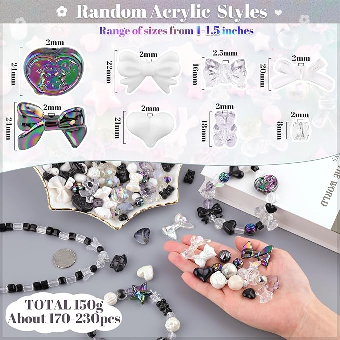Assorted 200-260PCS Black Acrylic Beads for Bracelet Making, Flower Bow Candy GummyBear Bracelet Charms,Cute Beads for Jewelry Making DIY Necklace Keychain Phone Charm Christmas Gift