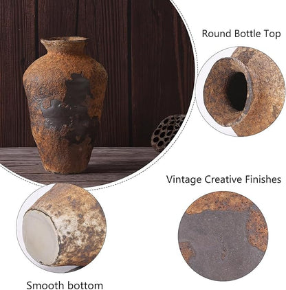 Small Stone Vase for Rustic Home Decor, Farmhouse Antique Pottery Vase Furniture&Table Flower Decorative, Round Terracotta Vases for Living Room Decor, Modern Rustic Concrete Clay Art Vases