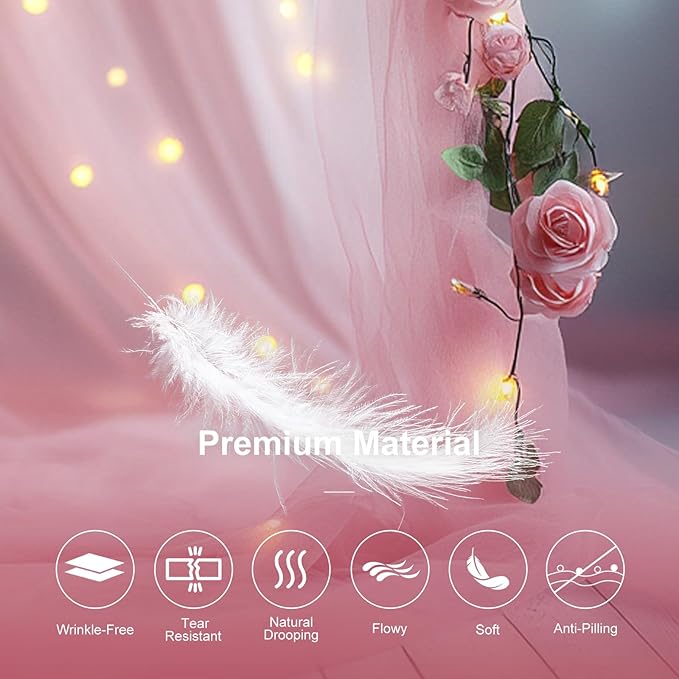 Tulle Curtain Backdrop with 300 LED Fairy Lights for Parites Wrinkle-Free Sheer Curtain Drapes Photo Back Drop for Wedding Baby Shower Bridal Shower Birthday Dance Home Décor - 10ft×10ft, Pink