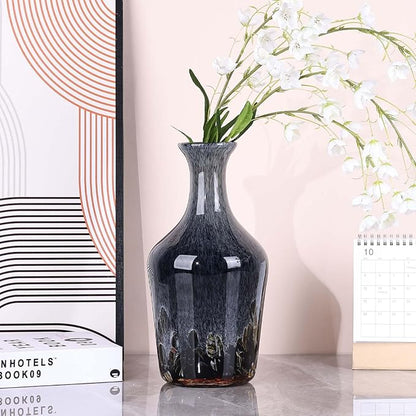 Hand Blown Glass Vase Smoke Gray – Murano Style Art Glass Vase with Rounded Belly and Wide Mouth, Bubble Vase, Elegant Centerpiece for Floral Arrangements in Dining or Living Room (Gray)