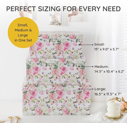 Soul & Lane Decorative Storage Cardboard Boxes with Lids | Summer Rose - Set of 3 | Floral Paperboard Nesting Boxes