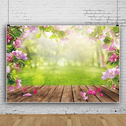 Renaiss 5x3ft Spring Nature Scenery Pink Flower Blossom Green Leaves Wood Floor Park Floral Meadow Photography Background for Wedding Baby Shower Birthday Party Decor Photo Studio Props