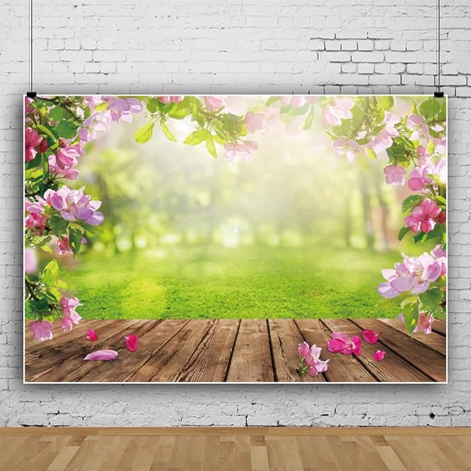 Renaiss 9x7ft Spring Nature Scenery Pink Flower Blossom Green Leaves Wood Floor Park Floral Meadow Photography Background for Wedding Baby Shower Birthday Party Decor Photo Studio Props