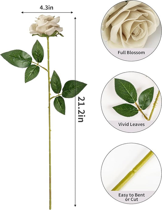 DuHouse 10pcs Silk Roses Artificial Flowers Fake Rose for Arrangement Wedding Party Home Decoration (Sand)