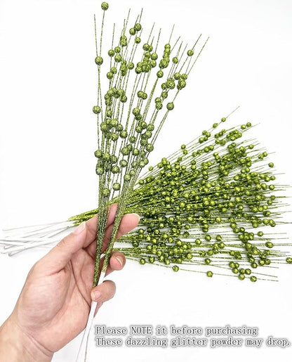 Artificial Glitter Berry Stem Ornaments, Fake Christmas Picks Decorative 17 inches Glitter Bead Sticks for Christmas Tree DIY Wreath Crafts Vase Gift Fireplace Holiday Home Decor - Green 10 Pack