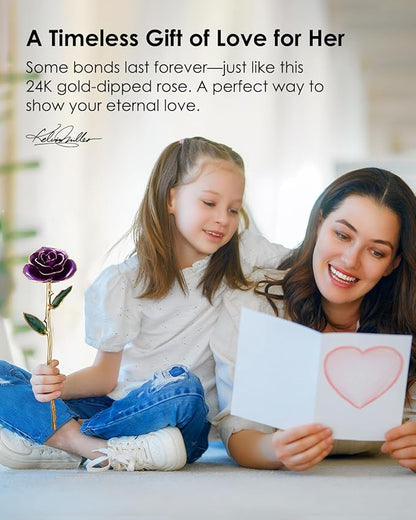 24K Gold Dipped Rose – Handpicked Real Rose in 24K Gold – Regal, One-of-a-Kind Romantic Gift for Her – Perfect for Birthday, Anniversary, Mother’s Day, Valentine’s (Purple)