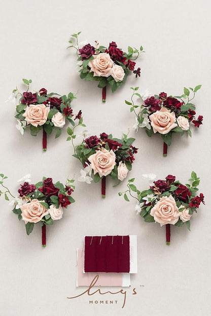 Ling's moment Artificial Flowers Red Bridesmaid Bouquet Set of 6, Red & Blush Wedding Flowers Bouquets for Bridesmaids, 7 Inch Bridal Bouquets for Bridesmaids, Wedding Decor, Anniversary, etc