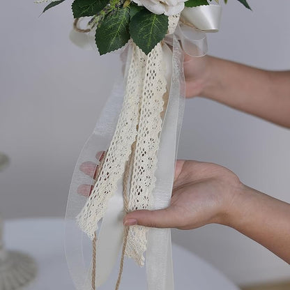 Wedding Bouquets Large for Bride Bridesmaid,White Champagne Artificial Roses Flowers for Wedding Church Decoration (9.5in)