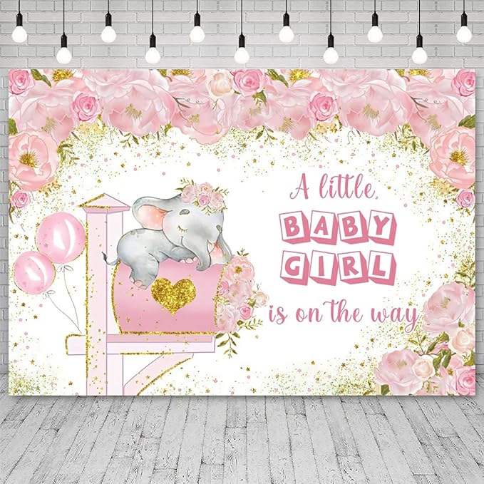 10x6.5ft Elephant Baby Shower Backdrop A Little Baby Girl is On The Way Photography Background Pink Floral Balloon Mailbox Baby Girls Party Banner Decorations Newborn Portrait Photo Booth Prop