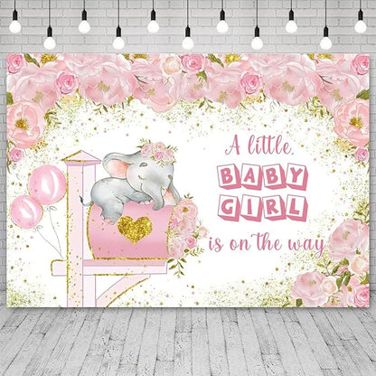 15x10ft Elephant Baby Shower Backdrop A Little Baby Girl is On The Way Photography Background Pink Floral Balloon Mailbox Baby Girls Party Banner Decorations Newborn Portrait Photo Booth Prop