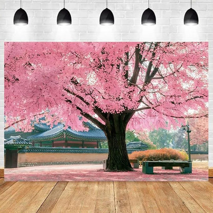 Renaiss 9x7ft Pink Cherry Blossom Backdrop Polyester Fabric Japan Cherry Floral Tree Landscape Palace Asian Themed Party Photography Background Wedding Birthday Party Decor Photo Booth Props