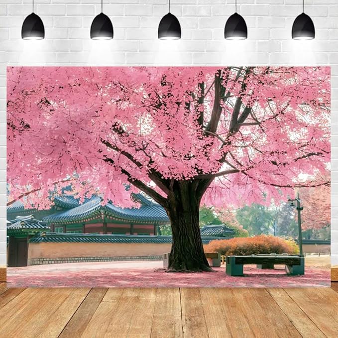 Renaiss 10x6.5ft Pink Cherry Blossom Backdrop Polyester Fabric Japan Cherry Floral Tree Landscape Palace Asian Themed Party Photography Background Wedding Birthday Party Decor Photo Booth Props