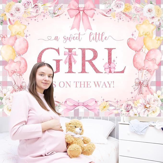 Mocsicka Bow Baby Shower Backdrop Pink Floral Baby Girl Shower Photo Background Banner Sweet Little Girl on The Way Decorations for Baby Shower Party Supplies Photo Props (10x8ft (120x96 inch))