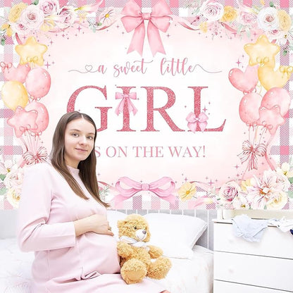 Mocsicka Bow Baby Shower Backdrop Pink Floral Baby Girl Shower Photo Background Banner Sweet Little Girl on The Way Decorations for Baby Shower Party Supplies Photo Props (10x7ft (120x82 inch))