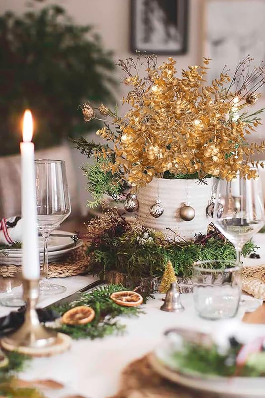 Artificial Gold Eucalyptus Stems 4 Pcs Christmas Fake Fall Flower Arrangement Faux Floral Decor for Home Table Centerpieces Wedding Party Autumn Bouquet Home Farmhouse Vase