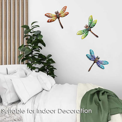 Dragonfly Wall Art Decor, Metal Indoor Outdoor Fence Outside Christmas Decorations for Living Room Bedroom, 9 Inch 3 Pack, Hand-made Vibrant Ornament Sculpture for Patio Balcony