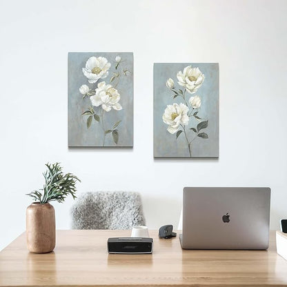 Flower Canvas Abstract Wall Art: 2 Pieces White Floral Prints Artwork Vintage Peony Bouquet Botanical Painting Picture for Bedroom Living Room Bathroom Home Office