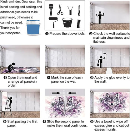 Wolf with Floral Watercolor Wall Mural, Purple Wolf Watercolor Art 3D Wall Murals, Art Flower Painting Wallpaper Mural, for Living Room Bedroom Large Wallpaper Indoor Decor 98.4" W x68.9 H