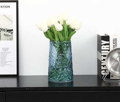 Blue Glass Vase, Flower Vases for Bouquet, Modern Glass Vase for Flowers, Large Vases for Living Room, Bedroom, Kitchen, Office, Wedding, Dining Table, 8 Inches