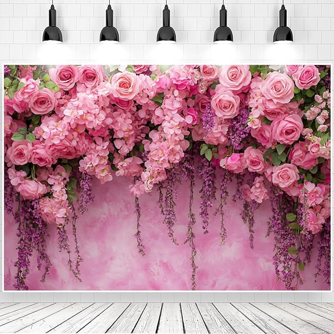 Pink Rose Flower Wall Backdrop for Birthday, Wedding, Bridal Shower, Valentine Day Background for Bridal Shower Party Decorations (Pink, 9x6ft)