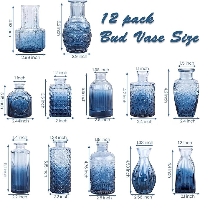 Bud Vases Set of 12 Pcs, Blue Mini Glass Vases for Flowers, Vintage Small Vase for Centerpieces, Small Flower Vase Design for Wedding Decorations Home Flower Party Decor