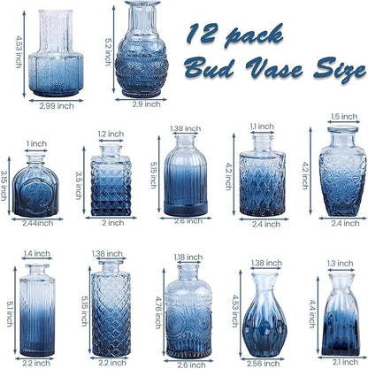 Bud Vases Set of 12 Pcs, Blue Mini Glass Vases for Flowers, Vintage Small Vase for Centerpieces, Small Flower Vase Design for Wedding Decorations Home Flower Party Decor