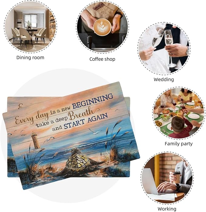 Sea Turtle Beach Summer Placemats Set of 6 Coastal Lighthouse Nautical Inspirational Quotes Double-Sided Table Mats for Dining Room Home Party Indoor 6 PCS 12x18 Inch