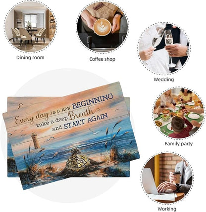 Sea Turtle Beach Summer Placemats Set of 6 Coastal Lighthouse Nautical Inspirational Quotes Double-Sided Table Mats for Dining Room Home Party Indoor 6 PCS 12x18 Inch