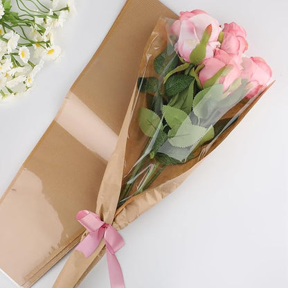 Motroce 100Pcs Flower Bags for Bouquets, 9.5 x 17.9 Inches Flower Bouquet Wrapping Paper Floral Sleeves, Clear Front Kraft Paper Bouquet Bags, Brown