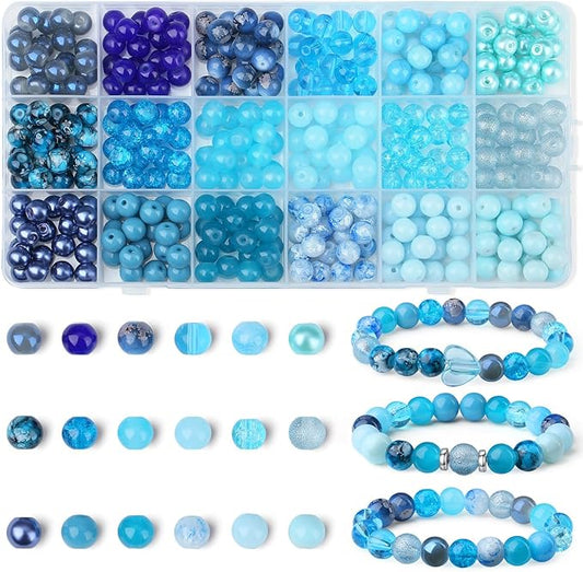 DUQGUHO 8mm Blue Beads for Jewelry Making Blue Glass Beads for Crafts Crystal Glass Round Beads Bulk Bead Bracelet Kit 360PCS