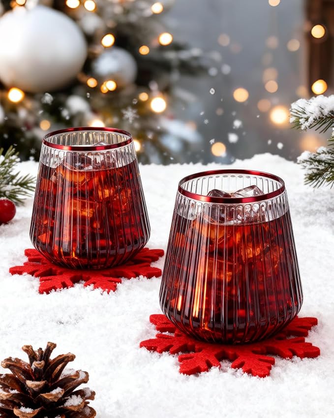 BESTSTAR 36 Pcs 12 oz Plastic Clear Red Rim Ribbed Wine Glasses, Origami Ripple Disposable Champagne Glasses Elegant Whiskey Glasses Ideal for Weddings, Bars, Christmas, Pool Party, Daily Use