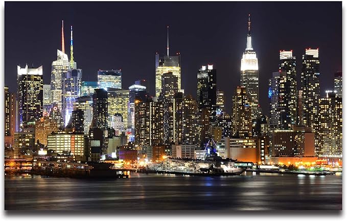 Manhattan Night View Wall Mural, 182" x 122" (8 Panels, Non-Self-Adhesive, Silk Material, Urban Theme)