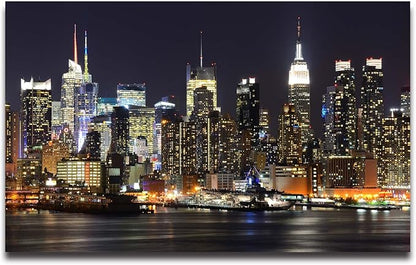 Manhattan Night View Wall Mural, 182" x 122" (8 Panels, Non-Self-Adhesive, Silk Material, Urban Theme)
