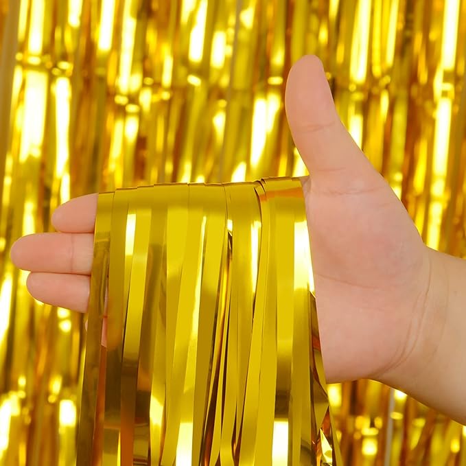 Foil Fringe Curtains Party Decorations - Melsan 3 Pack 3.2 x 8.2 ft Tinsel Curtain Party Photo Backdrop for Birthday Party Baby Shower or Graduation Decorations (Pure Gold)