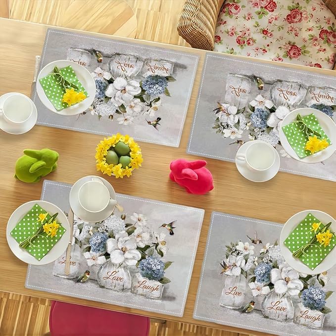 White Flower Placemats Set of 6, Hummingbirds Floral Live Love Laugh Double-Sided Table Mats for Kitchen Dining Room Home Party Indoor 6 PCS 12x18 Inch
