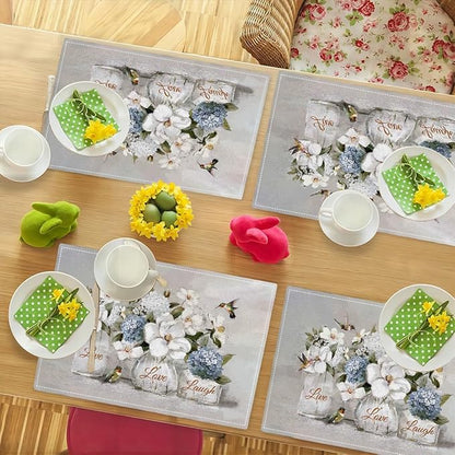 White Flower Placemats Set of 6, Hummingbirds Floral Live Love Laugh Double-Sided Table Mats for Kitchen Dining Room Home Party Indoor 6 PCS 12x18 Inch
