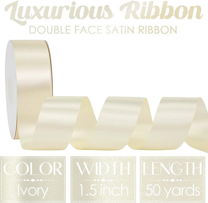 MEEDEE Ivory Satin Ribbon 1-1/2 Inch Ivory Ribbon Lux Double Faced Satin Ribbons by 50 Yards Beige Polyester Satin Ribbons for Crafts, Weddings, Flower Bouquet, Holiday Decorating