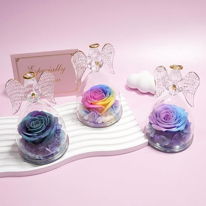 Yamonic Mom for Mom Grandma, Angel Figurines with Real Rose Birthday Gifts for Moms Women, Preserved Rose Flower Angel Figurines for Mothers Day Valentine's Day Gifts for Her(Rainbow)