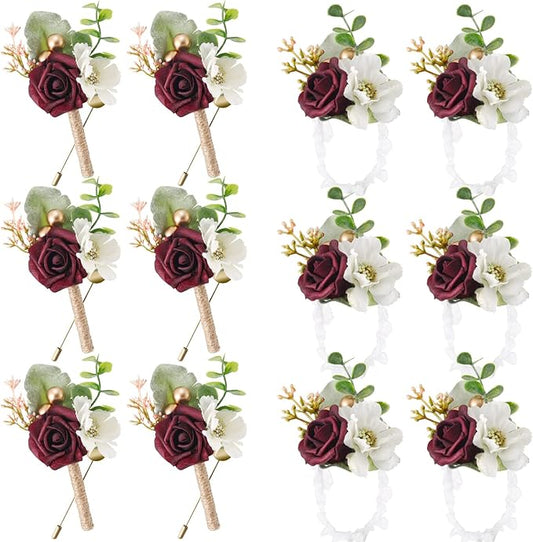12 Pcs Wedding Wrist Corsage and Boutonniere Set Rose Wrist Corsage for Prom Boutonniere for Men Wedding Flowers Accessories Prom Suit Decorations for Wedding Ceremony Anniversary (Red)